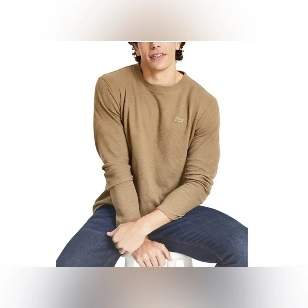 🐊Lacoste NWT Men's Waffle Knit Lounge light brown Crew Neck Shirt MSRP$60.